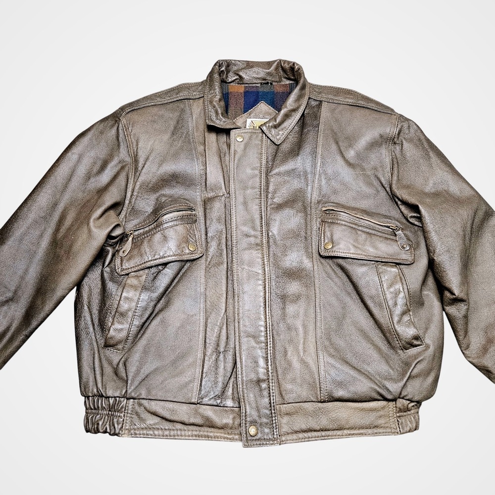 Phase 2 Leather Jacket 2XL Brown Plaid Lined Zip Pockets Vintage Grunge‎